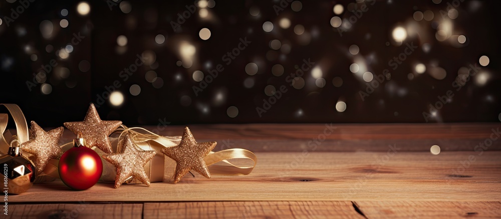 Poster christmas concept with shiny decorations on wooden background with copy space image for both christm