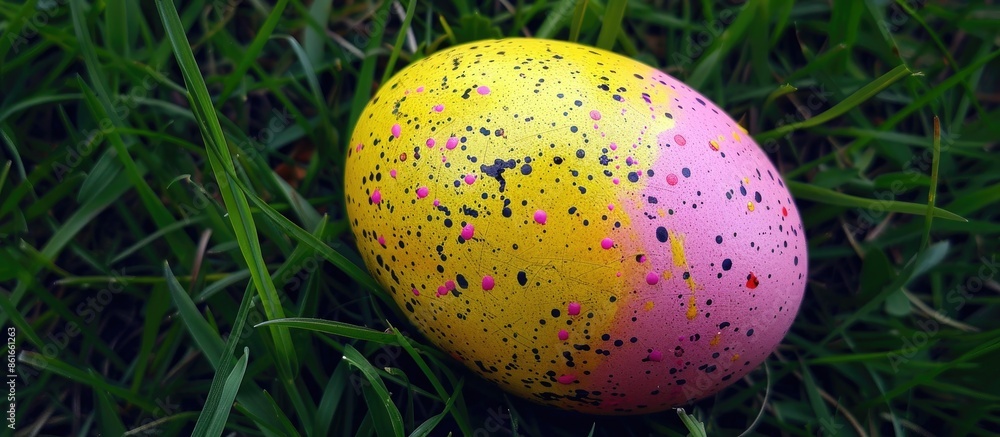 Poster a vibrant easter egg in yellow and pink hues, adorned with speckled patterns, resting on grass with 