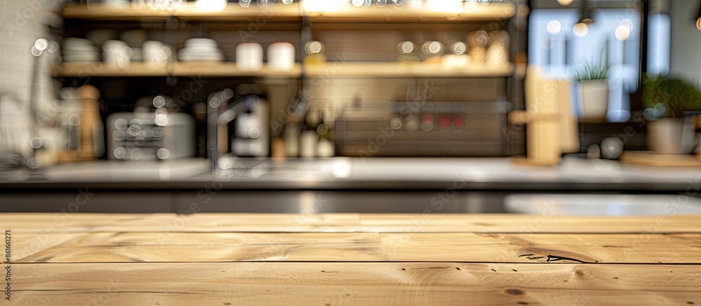 Fototapete empty table board and defocused modern kitchen background. product display concept. with copy space image. Place for adding text or design