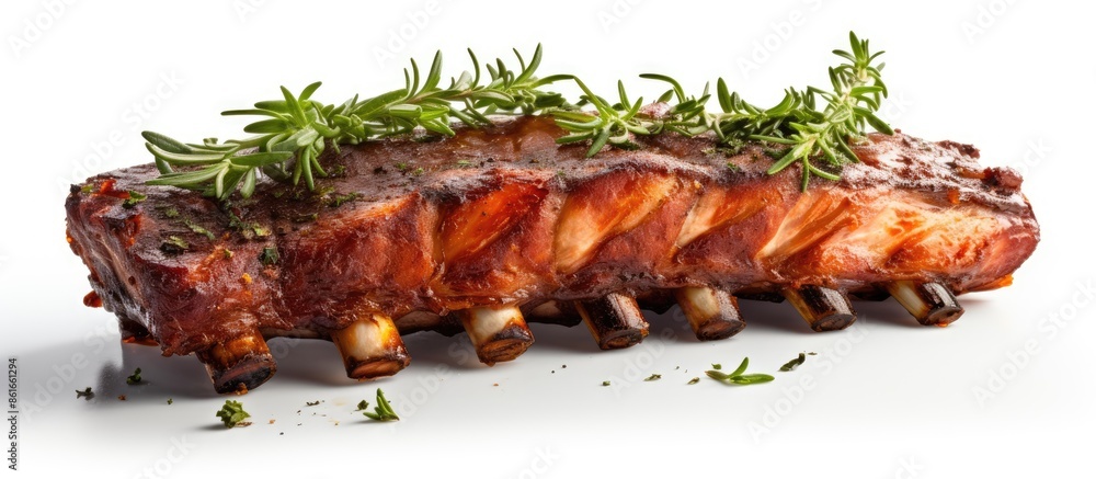 Poster smoked bbq pork ribs, sliced and isolated against a white background with copy space image.