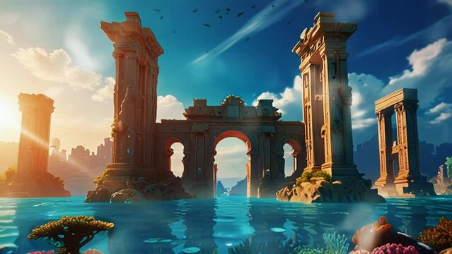 Beautiful seabed view with the ruins of the city of Atlantis, in a smooth looping background with 4K video animation.