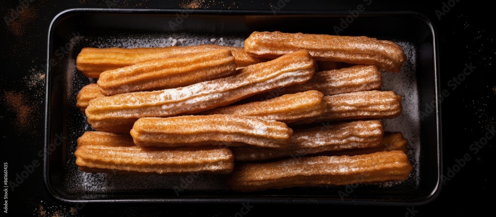 Aufkleber top view flat lay of churros dusted with sugar powder in a paper tray placed on a black background, 