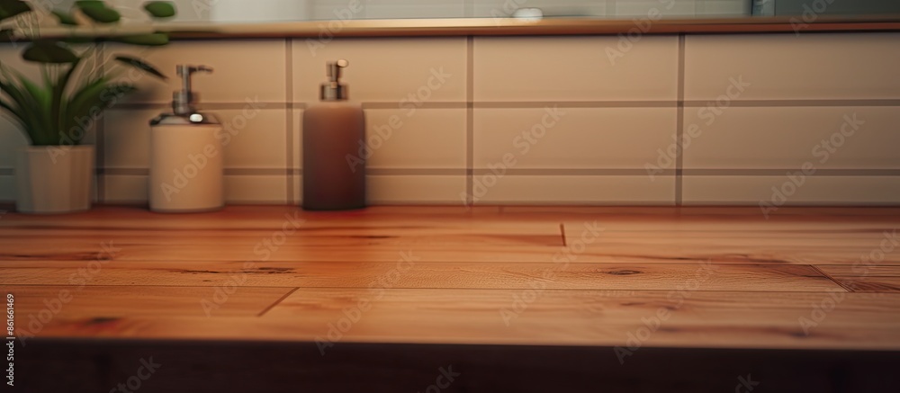 Poster key visual layout with copy space image of a wooden tabletop against a blurred bathroom background.