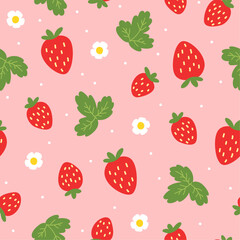 Seamless pattern with strawberries on pink background. Summer  vector illustration. Texture for print, textile, fabric, packaging.