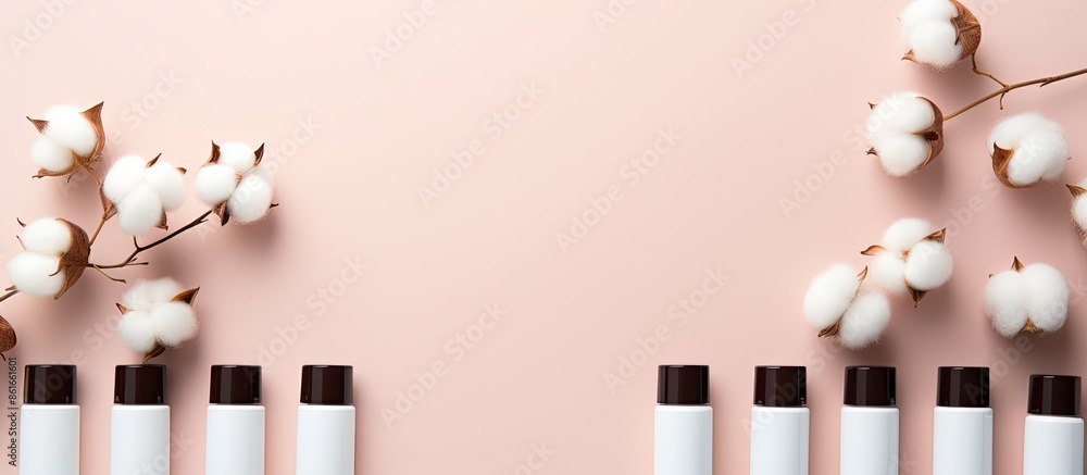 Aufkleber Cosmetic bottles arranged on colored backdrop with copy space image. Cream containers and cotton pads in flat lay composition from above.