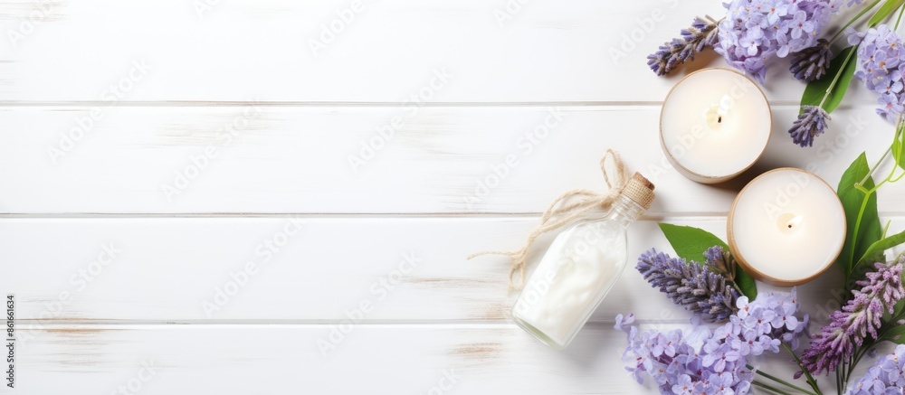 Poster flat lay composition of natural body care or bath products on a white wooden background with room fo