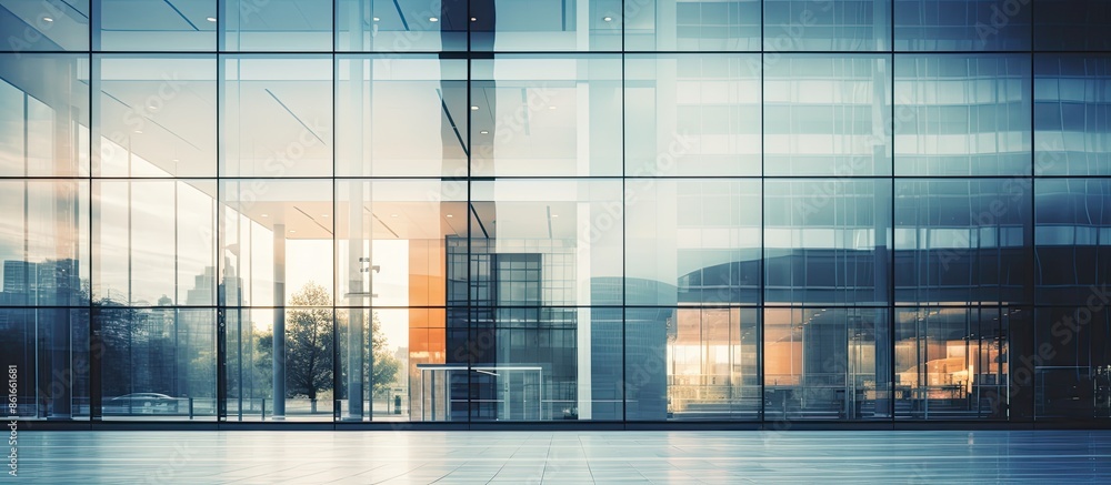 Poster modern building facade with glass walls, offering an abstract closeup view with reflective surfaces,