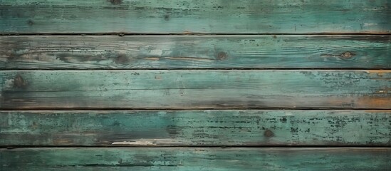 Obraz premium Aged green wooden boards with a rustic appeal, displaying knots, nail holes, and a weathered brown hue. Features a textured, painted wall with a vintage charm in a horizontal layout, offering copy