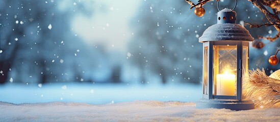 A festive scene featuring a Christmas candle lantern, snow-covered tree branches, snowflakes, and decorations set against a softly blurred bokeh background with ample copy space image.