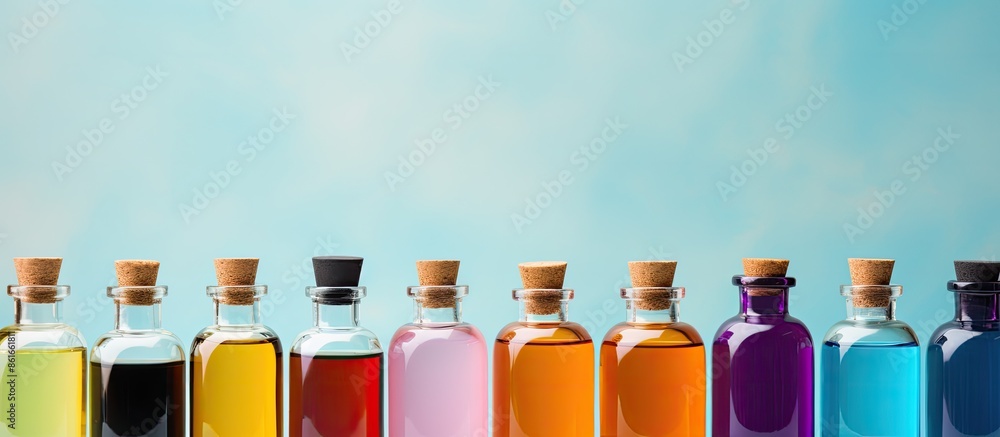 Aufkleber Essential oil bottles arranged with copy space image on colorful background.