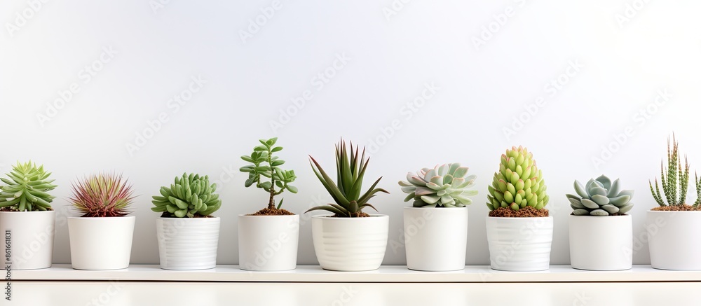 Poster an array of succulent plants in white pots showcased on a white shelf against a white wall, illustra