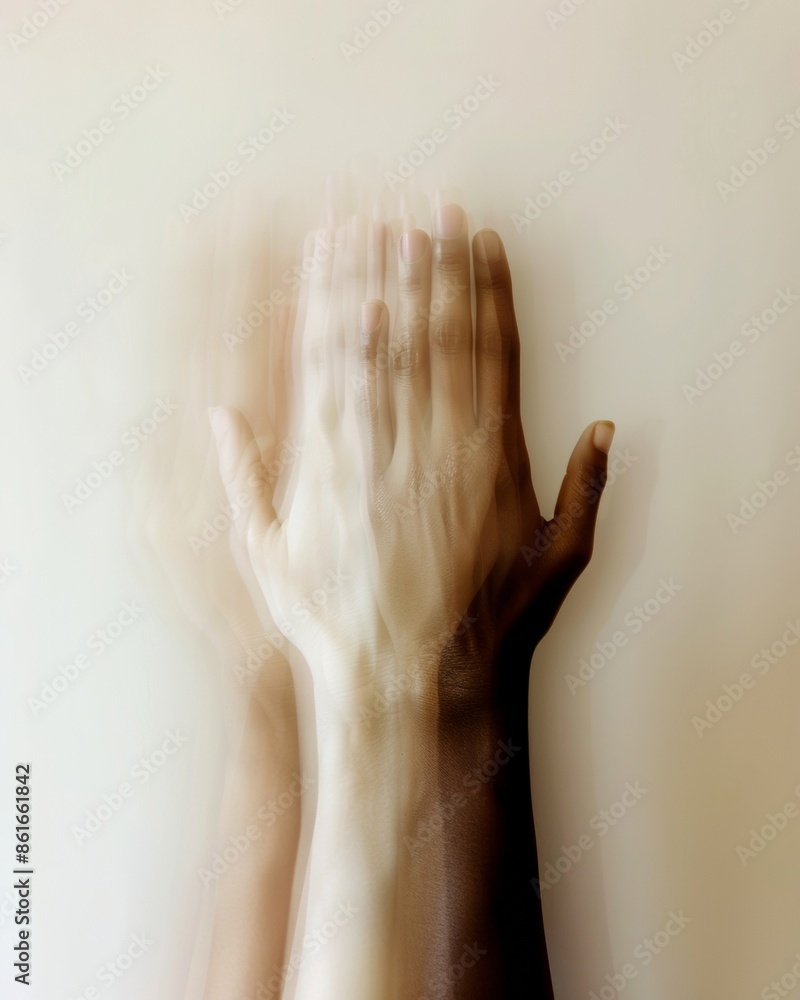 Poster abstract blurry image of seven merged multiracial hands in symmetrical composition using long exposu