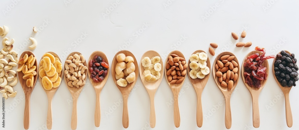 Poster various nuts and dried banana slices arranged on a wooden spoon displayed on a white kitchen counter