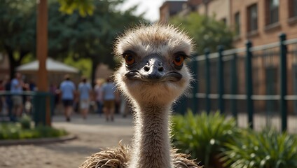 A mischievous ostrich escapes from a zoo and explores the city, encountering curious humans and causing unintentional chaos ai-generated