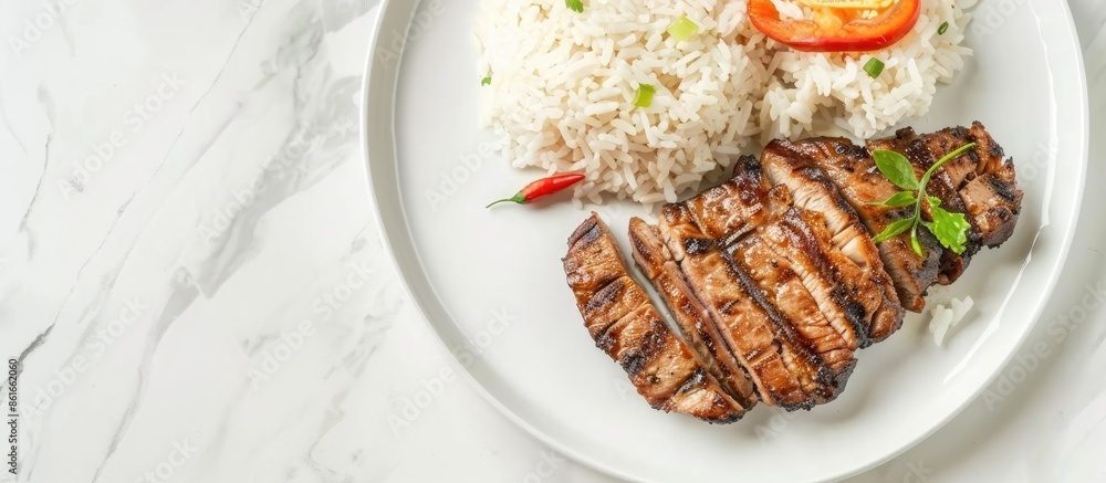 Leinwandbilder grilled pork and jasmine rice on a white background plate, suitable for background purposes with ava