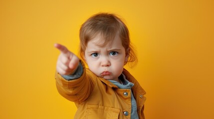 A young girl is pointing her finger at the camera in a playful gesture