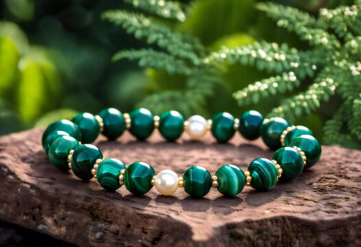 Bracelet made of malachite beds and pearls on a rock nature background.