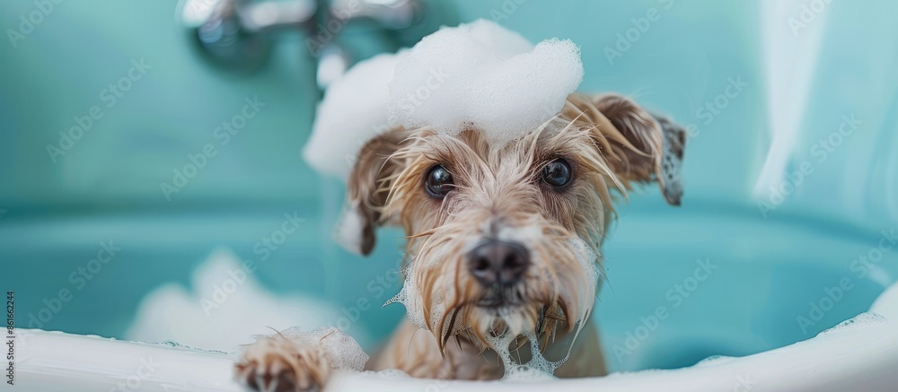 Poster wellness spa wash sponge dog. with copy space image. place for adding text or design