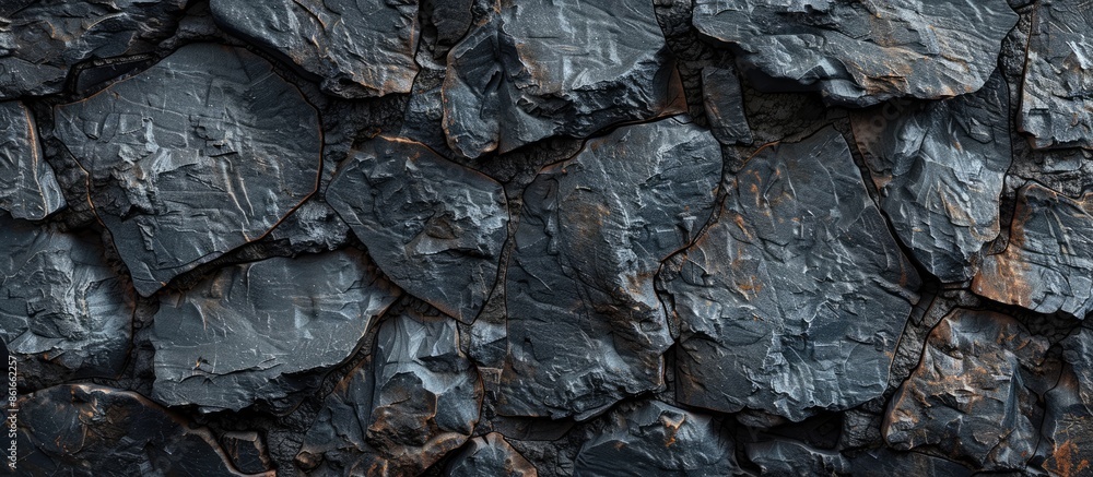 Poster a textured black stone wall with weathered and natural surfaces, ideal for a design background with 