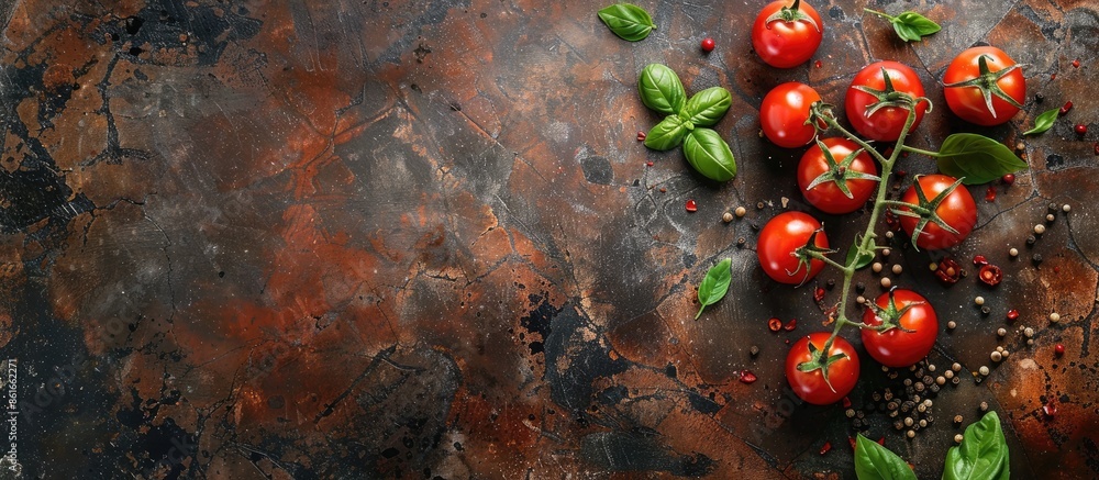 Fototapete cooking concept with tomatoes, basil, and spices arranged on a stone table in a top view shot with c