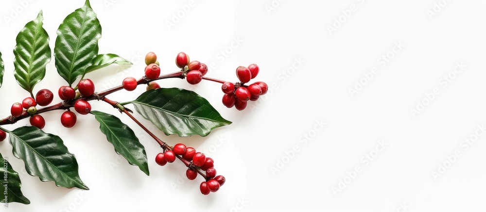Poster Red coffee beans on a branch of coffee tree, ripe and unripe berries isolated on white background. Copy space image. Place for adding text or design