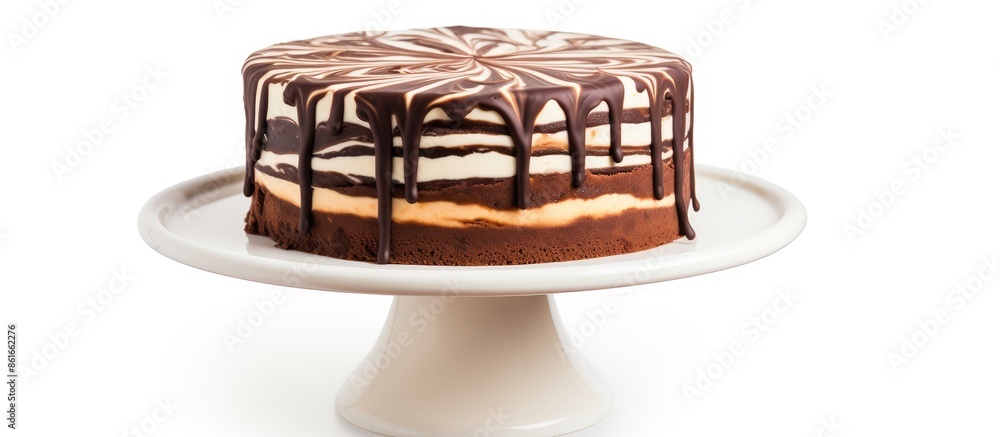 Leinwandbilder Zebra Pie or Marble cake displayed on a white cake stand with a striking contrast of chocolate and vanilla layers. Ideal for showcasing with ample copy space image.