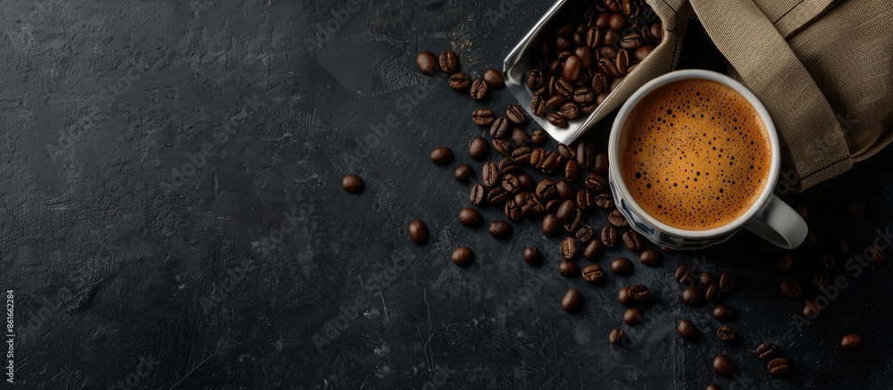 Aufkleber top view of a cup of coffee surrounded by a dark background with a scoop of coffee beans in a bag pr