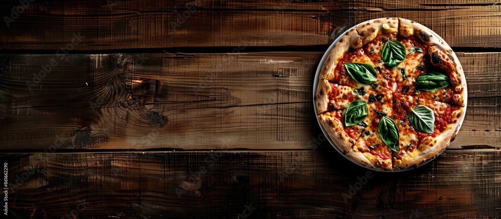 Aufkleber Top-down view of a Pizza Margherita displayed on a wooden surface, with ample copy space available in the image.