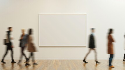 Serene Gallery Scene with Motion Blur of People Passing by an Elegant Mockup Frame, Soft Natural Lighting