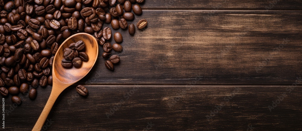 Poster Coffee bean on wooden background with a spoon holding a roasted coffee bean, creating a rustic setting with copy space image.