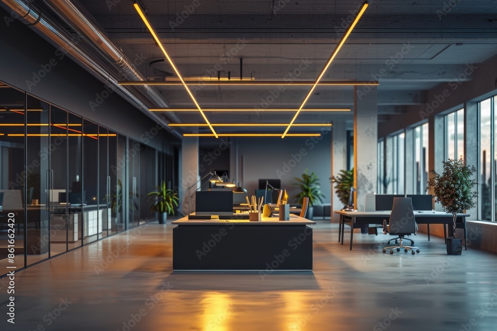 Poster a modern office space with numerous windows, suitable for use in presentations or articles about pro