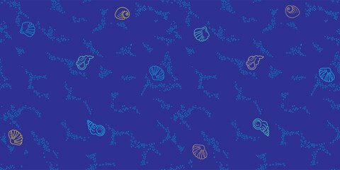 Vector seamless pattern of line art tropical sea elements, seashells, starfish. Doodles of marine life. Sea decor for scrapbook, card, decoration, design. Ocean creatures. Maritime illustration