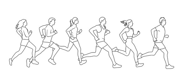 Vector silhouettes of men and women, group of running athletes, people profile, linear sketch, hand draw illustration, black color isolated on white background