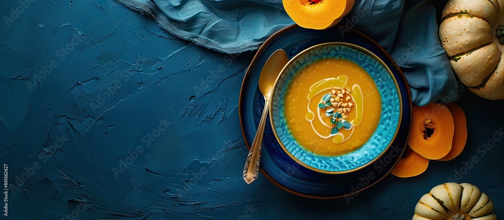 Poster flat lay of pumpkin cream soup in a blue plate on a deep classic blue background with pumpkin slices