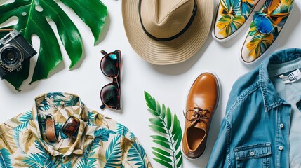 Top view, of Men's summer clothes with accessories ,white background