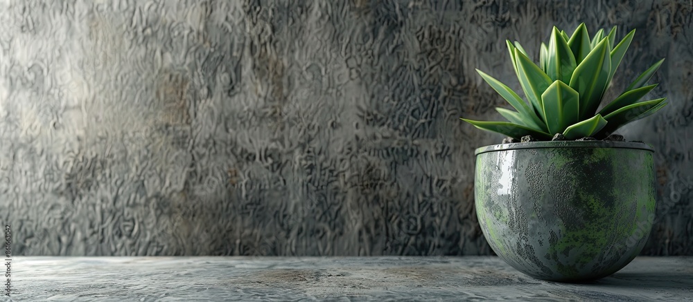 Poster gray stone background sets the scene for a green plant pot with a succulent, leaving room for additi