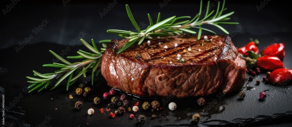 Poster close-up image showcasing a steak with rosemary and spices on a dark rustic background, with ample c
