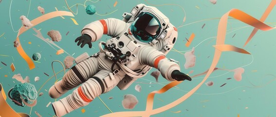Illustrate an astronaut in a hilariously oversized spacesuit tripping over a tangled communication cable amidst floating space clutter, rendered in a futuristic, minimalist style