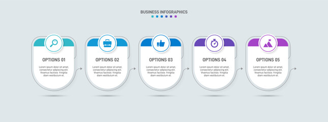 Horizontal progress bar featuring 5 arrow-shaped elements, symbolizing the five stages of business strategy and progression. Clean timeline infographic design template. Vector for presentation