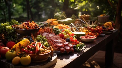 A table is covered with a variety of fruits and vegetables, including apples, grapes, tomatoes, and strawberries