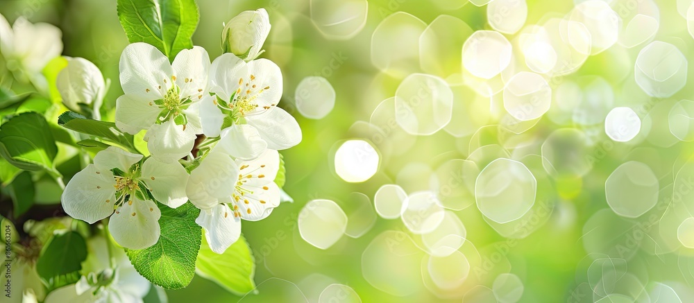 Poster Close-up of a flowering apple tree branch against a blurred green backdrop with selective focus, ideal for a copy space image.