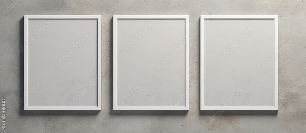 Poster Three white rectangular poster mockups with soft shadows displayed on a neutral grey concrete wall with a top-down view for copy space image.