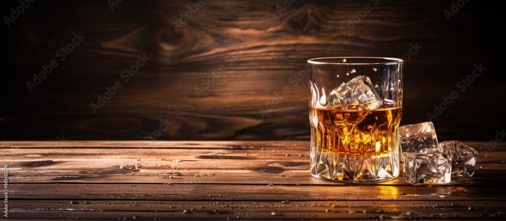 Poster a glass of whiskey is placed on a vintage wooden table, creating a rustic ambiance in the background