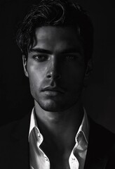 Obraz premium A black and white portrait of a man with dark hair and light eyes, wearing a white shirt and dark jacket.