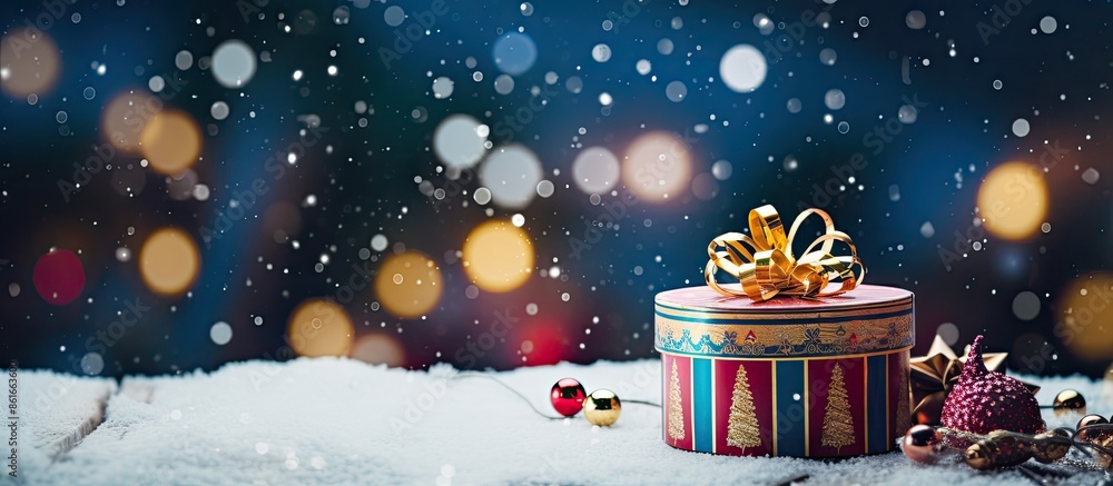 Poster a festive christmas gift box with a ribbon, surrounded by decorations and toys on a xmas-themed tabl