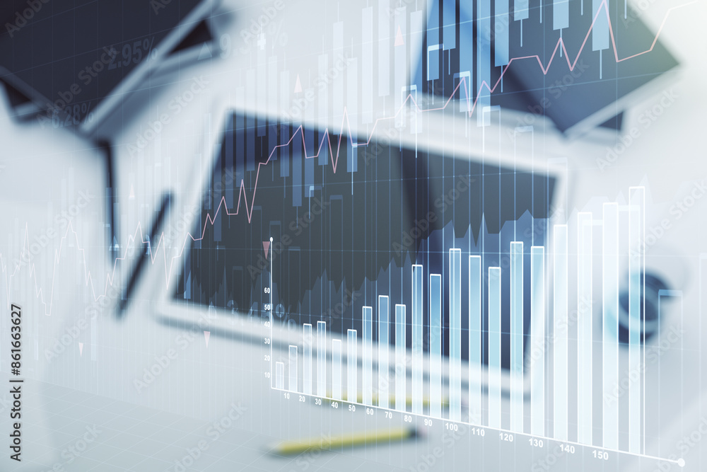 Poster multi exposure of abstract creative financial chart and digital tablet on background, top view, rese