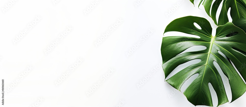 Poster monstera leaf on a white backdrop with copy space image.