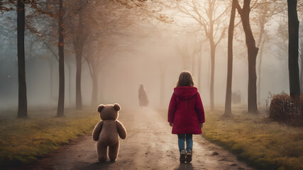 Girl hugging teddy bear sadness alone. Lonely girl feeling unhappy walking outdoors with best friend toy.  AI generated image, ai