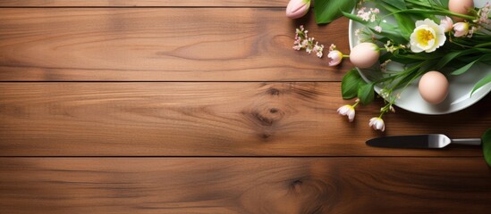 Wooden background with a top view for a spring holiday concept featuring an Easter table setting in a flat lay style, with ample copy space image.