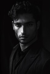 Fototapeta premium A black and white portrait of a man with dark hair and intense eyes, wearing a suit jacket.